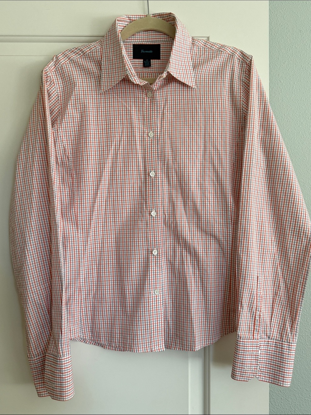 Faconnable Women's Cotton Orange & White Micro-Check Button-Down Shirt Sz 12 EUC